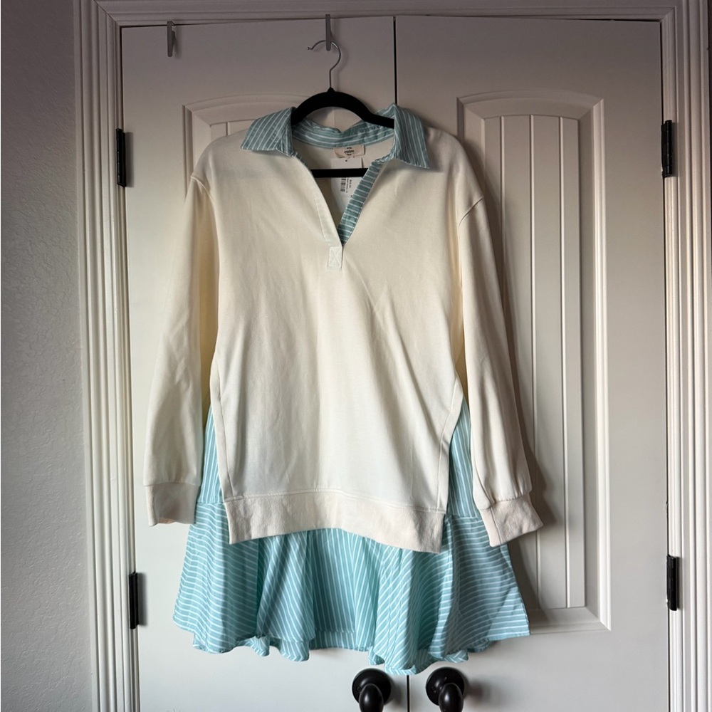 Honey Suckle Boutique Entro White and Teal Striped Collar Dress